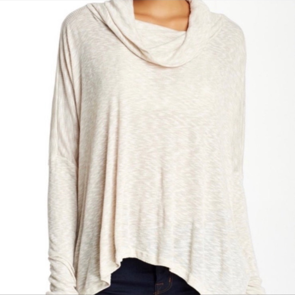 lush ribbed cowl neck split back top in oatmeal, size small - Picture 3 of 6